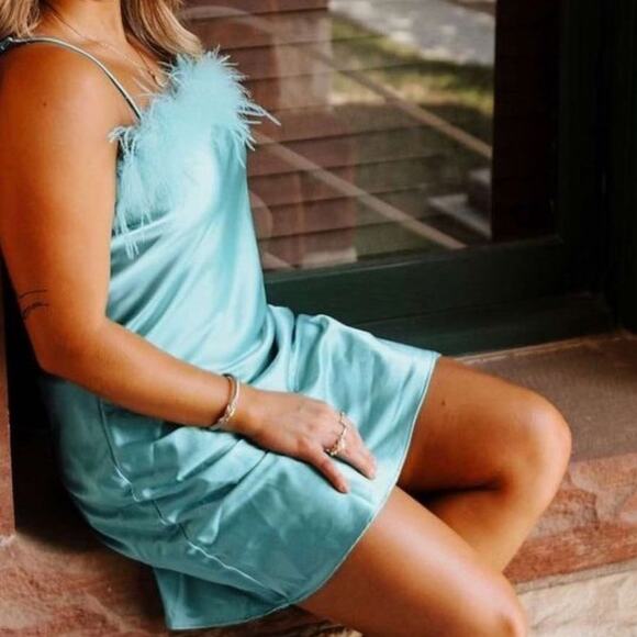 Thirty Thirty Slip Dress MEDIUM Blue Party Feather Trim Mini Going Out Cocktail - Picture 4 of 13